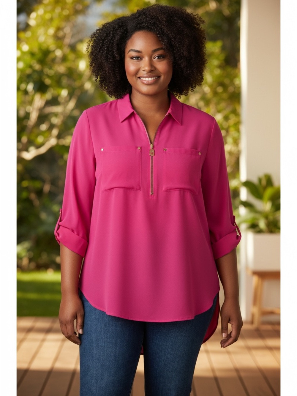 Michael Kors Fuchsia Zip-Front Blouse with gold
Hardware